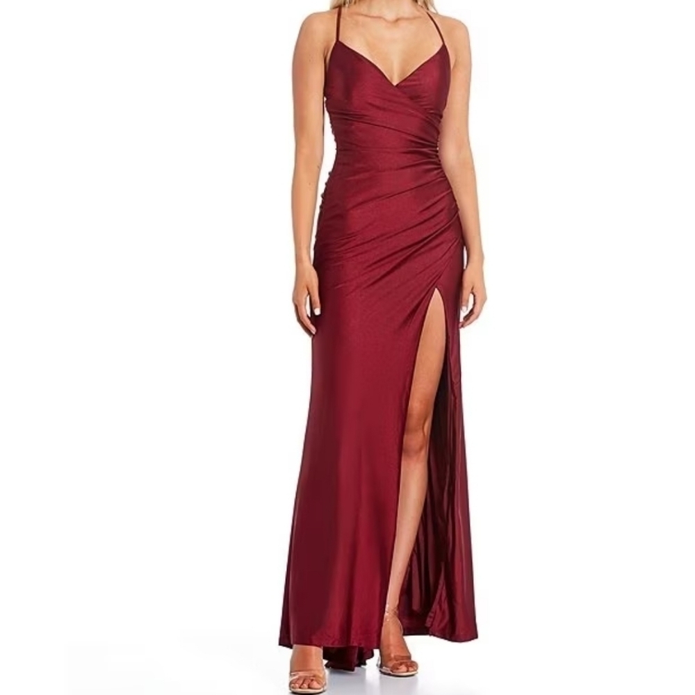 B Darlin Sequin Lace Back Spaghetti Strap Side Slit Dress